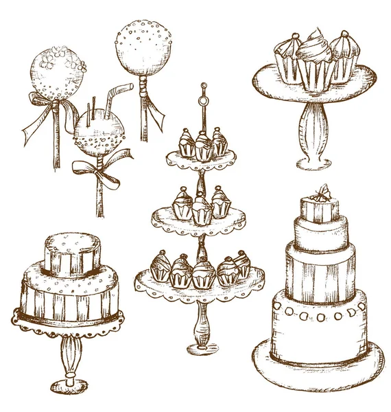 Colección de hermosos pasteles, cupcakes y pasteles pops — Vector de stock