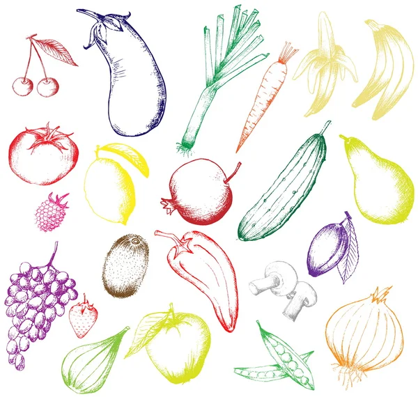 Vektorset handgezeichnetes Obst und Gemüse isoliert auf weiß — Stockvektor