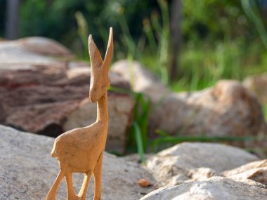 Kolombiya 'nın sömürge kasabası Villa de Leyva yakınlarındaki bir çiftlik evinde gün batımında doğal ortamlarda çekilmiş el yapımı ahşap hayvan figürleri..