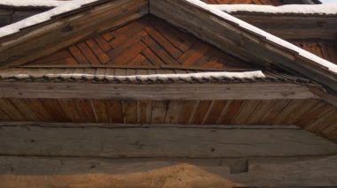 Wooden Church of the Michael the Archangel Snow on a Roof Entrance Icons Images in Ukrainian Embroidered Towels Pirogovo Rural Ukraine Sunny Day