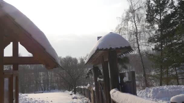 Cour de l'église en hiver Neige sur un toit Cloches sous abri Église du Saint-Michel l'Archange à Pirogovo Ukraine Paysage hivernal rural Ensoleillé — Video