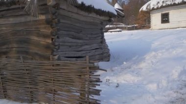 View of Church Behind a Wooden Hut Winter Courtyard of a Small Village House Church of the Holy Michael the Archangel Pirogovo Rustic Houses Ukraine