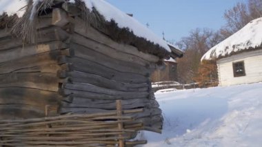 View of Church Behind a Wooden Hut Winter Courtyard of a Small Village House Church of the Holy Michael the Archangel Pirogovo Rustic Houses Ukraine