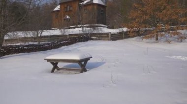 Old Wooden Church Table Covered With Snow Rustic House Winter Dry Leaves on an Oak Tree Wattle Fence Church Holy Michael the Archangel Pirogovo Ukraine