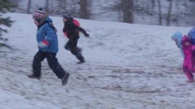 Çocuklar Hill Bucha Ukrayna Noel tatil kış çocuk sürme bir atlı kızak yokuş aşağı veliler ailelerin çoğu harcama zaman birlikte yukarı yayınlanıyor