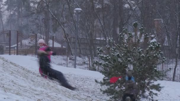 Los niños suben a la colina Invierno Deslice cuesta abajo Bucha Ucrania Navidad Invierno Los padres están en una colina Las familias pasan tiempo juntos Diviértete Parque — Vídeo de stock