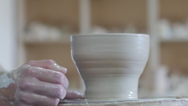 Les gens à la classe de maître de poterie moulent un récipient d'argile dans les mains de l'atelier Femme parle enseignement potiers travaillant sur une roue de potier Panorama de la salle — Video