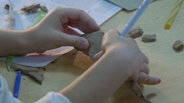 Niño está recortando formas de una figura de arcilla de delfín Trabajando con atención en la mesa desordenada Niño está aprendiendo una artesanía de cerámica en el taller de cerámica — Vídeo de stock