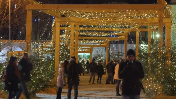 Ludzie nowy rok wieczór Sophia Square Kijów rodziny chodzenie wzdłuż sztucznej alei Firs Boże Narodzenie światła na słupach jasno oświetlony kwadrat — Wideo stockowe