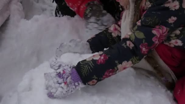 Bambino è seduto sulla neve e fare pupazzo di neve papà e figlia stanno giocando con neve insieme scultura è fatto di neve famiglia resto nuvoloso inverno giorno — Video Stock