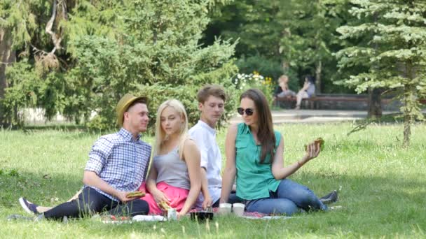 Adolescentes tomando fotos en el picnic al aire libre sentados en una hierba verde en el parque Los jóvenes tienen comida en la naturaleza Amigos Parejas en el soleado día de verano — Vídeos de Stock