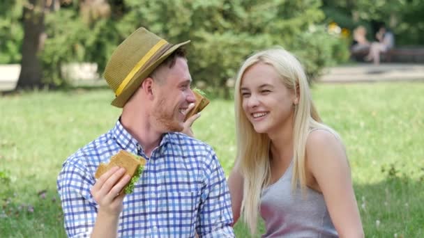 Para chłopiec i dziewczyna jedzenia Kanapki na trawniku rozmowa uśmiechnięty picie sok piknik ludzie siedzący na zielonej trawie w parku Happy People słoneczny letni dzień — Wideo stockowe