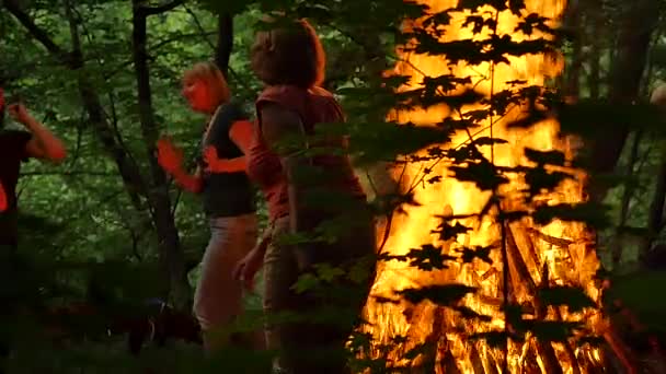 Glada människor dansar runt brand Ivan Kupala Pagan Festival i en skymning Kiev Ukraina män och kvinnor kommer att fira Kupala natt i skogen grönt träd — Stockvideo