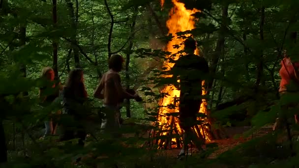 夏の日の周りは緑の木々 がフォレストで Kupala 夜を祝うために行く Aroung 火キエフ イワン Kupala 異教祭人の男女を踊る輪舞 — ストック動画