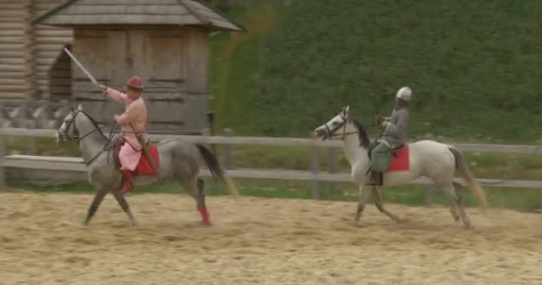 Vladimír velcí a dva HIR bojovníci v řetězových Zbrojnících se jízda, bílý kůň, šedý kůň, havran kůň, Kievan Russ, 11. století, rekonstrukce — Stock video
