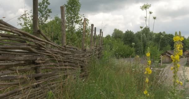 Ogrodzenia z gałązek, ogrodzenie wsi na wzgórzu, niebo, Cumulus, Kievan Russ, 11 wieku, odbudowy — Wideo stockowe