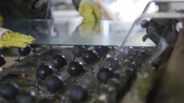 Worker in Yellow Gloves, Grinding The Edge of a Glass, Cutting of Sheet Glass, Grinding of the Glass, Bulletproof Glass — стокове відео