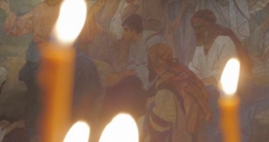 St Anthony Ve Theodosius Duvar Resimleri Mount Boyalı Fresco Kilisesi Üzerinde Vaaz İç Yanan Mumlar Ortodoks Servisi Panorama