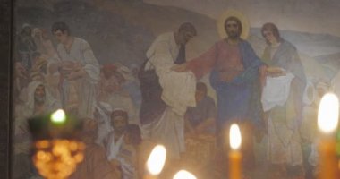 St Anthony Ve Theodosius Duvar Resimleri Mount Boyalı Fresco Kilisesi Üzerinde Vaaz İç Yanan Mumlar Ortodoks Servisi Panorama