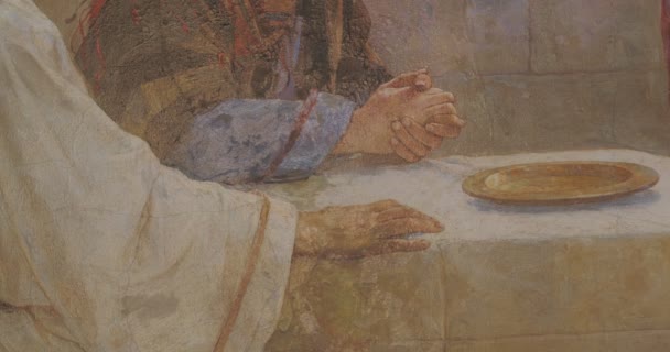 Jesucristo en Emaús Pintura en la pared Imagen de Jesús y sus discípulos Fresco Iglesia de San Antonio ortodoxo y Refectorio de Teodosio — Vídeo de stock