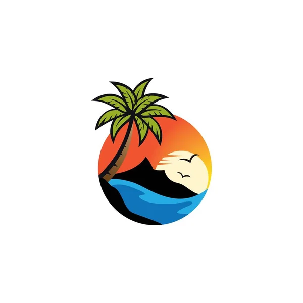 Sunset Playa Logo Vector Icono Ilustración Diseño — Archivo Imágenes Vectoriales