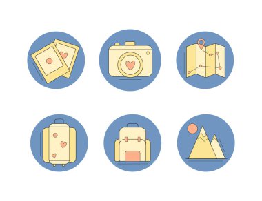Seyahat Simgeleri. Kamera, Fotoğraf, Çanta, Harita ve Takım Elbise gibi sembolleri içerir. Web, mobil, kullanım alanı ve bilgi tasarımı için kullanılabilir. Vektör illüstrasyonu