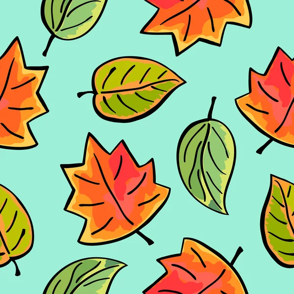 Seamless autumn leaves pattern on blue background — Stock Vector