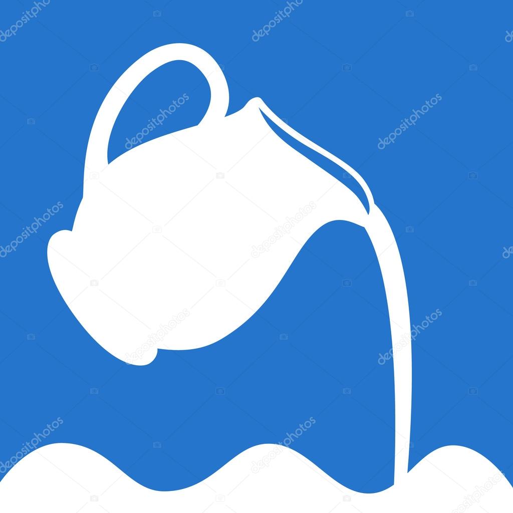 Milk logo in a blue and white. Milk pouring from a jug. Design template for label, banner, badge, logo. Milk pitcher illustration.