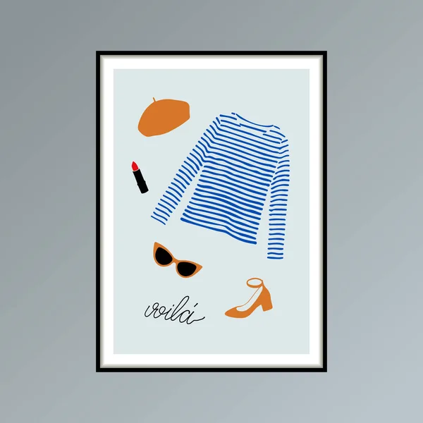 Plakat z beretem, koszulka z długimi rękawami w paski, okulary przeciwsłoneczne, but i ręcznie literowane słowo voila, tutaj jesteś w języku francuskim. — Zdjęcie stockowe