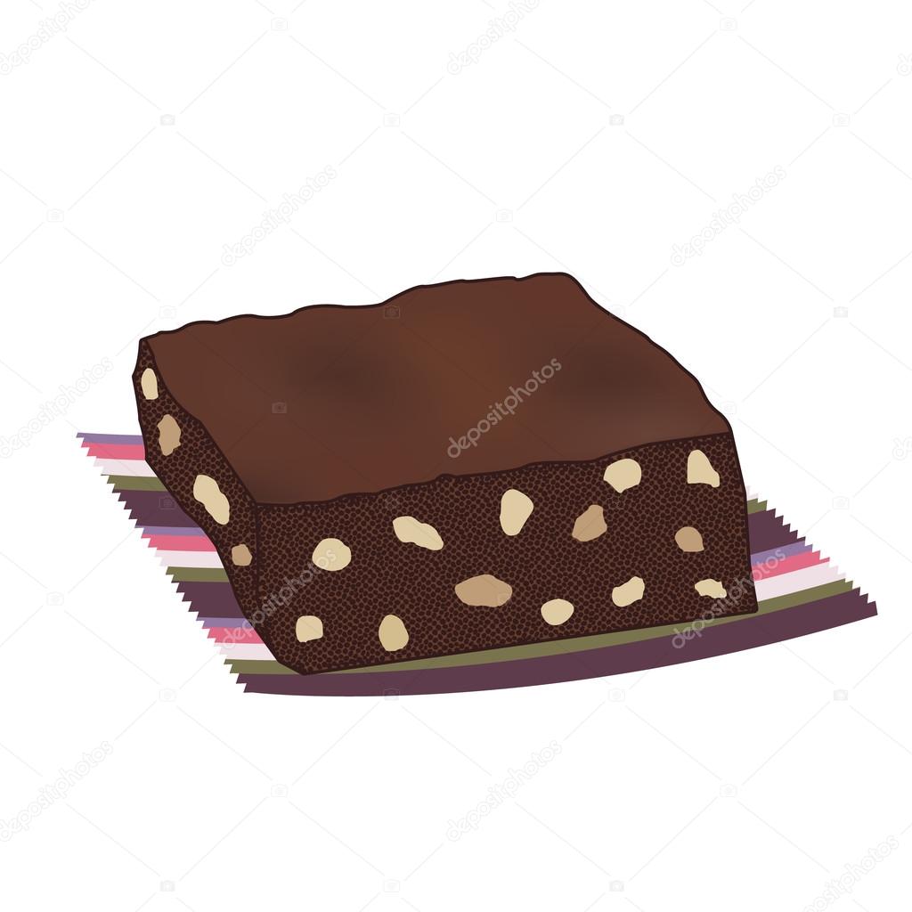 Chocolate brownie cake with nuts on a striped serviette