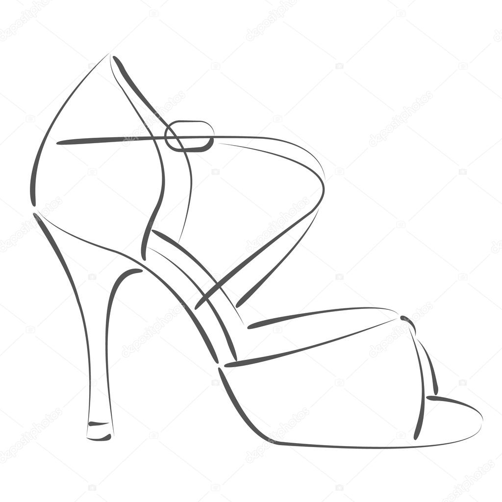 Elegant sketched woman s shoe. Salsa dance shoes. Design template for label, banner, postcard or logo. Raster illustration.