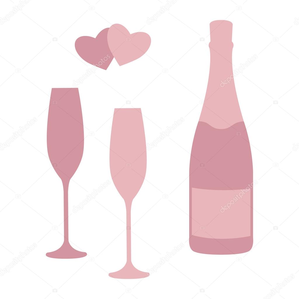 Champagne bottle and glasses isolated on white background. Design template for label, badge or logo. Vector.
