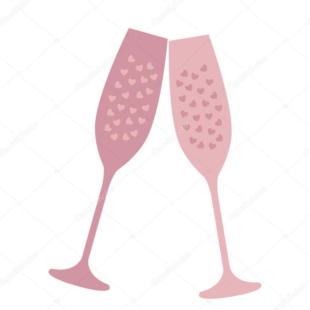 Champagne glass with heart-shaped bubbles isolated on white background. Design template for label, banner, badge or logo. Vector.