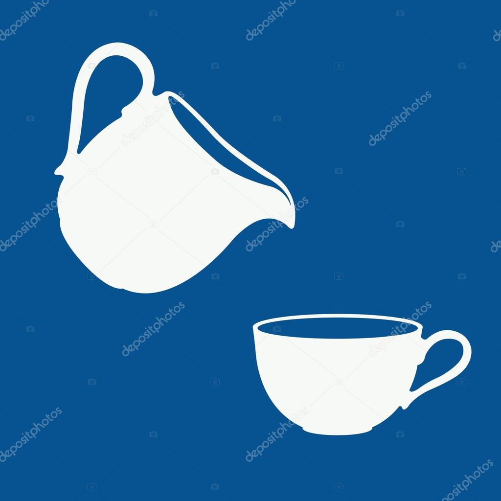 Milk logo in a blue and white. Milk pouring from a pitcher into a cup. Vector.