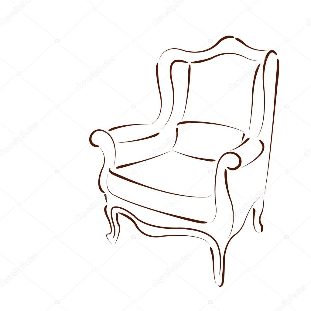 Elegant sketched armchair isolated on white background. Design template for label, badge or logo. Vector.