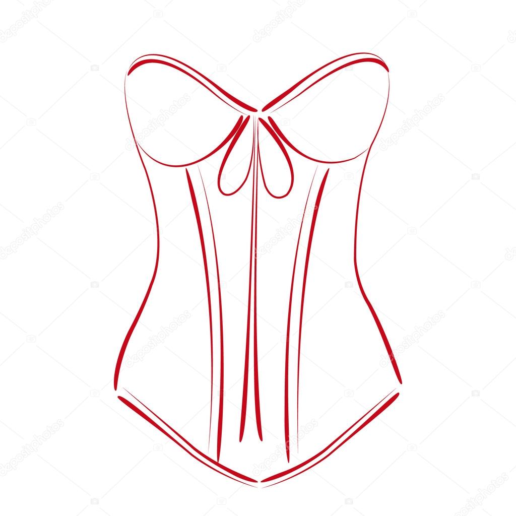 Sketched red corset isolated on white background. Design template for label, banner or postcard. Vector.