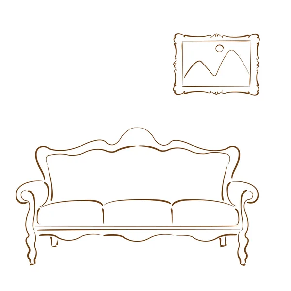 Sofá bosquejado sofá y la imagen en la pared . — Vector de stock