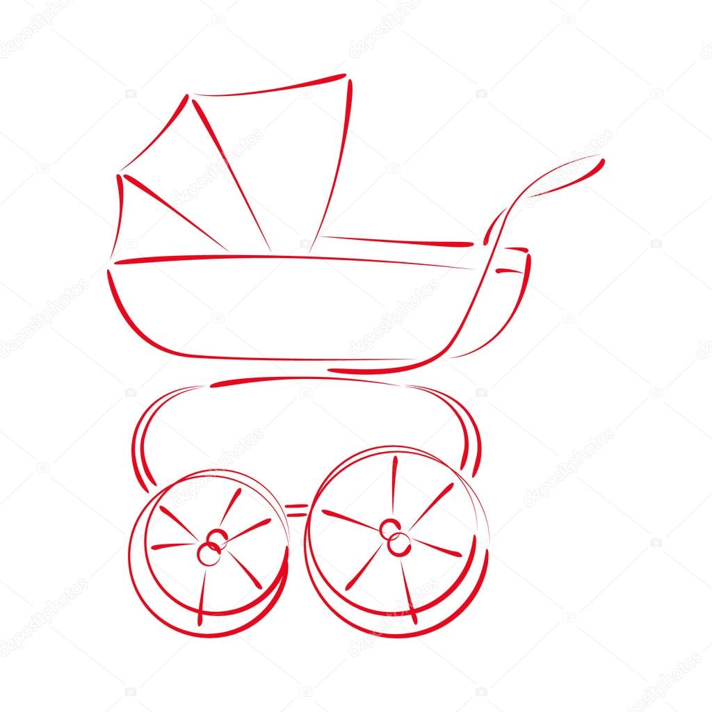 Sketched baby stroller buggy isolated on white background. Design template for label, banner or postcard. Vector.