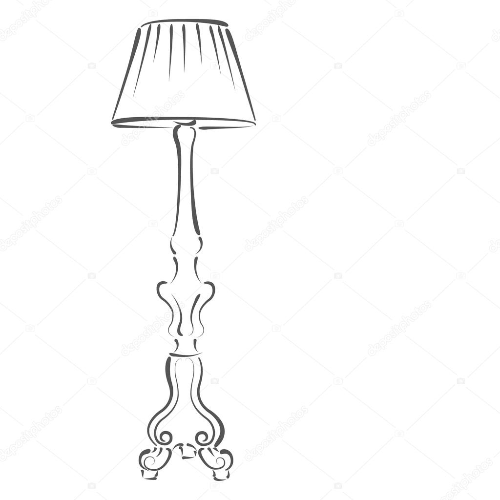 Sketched floor lamp isolated on white background. Design template for label, banner or postcard.