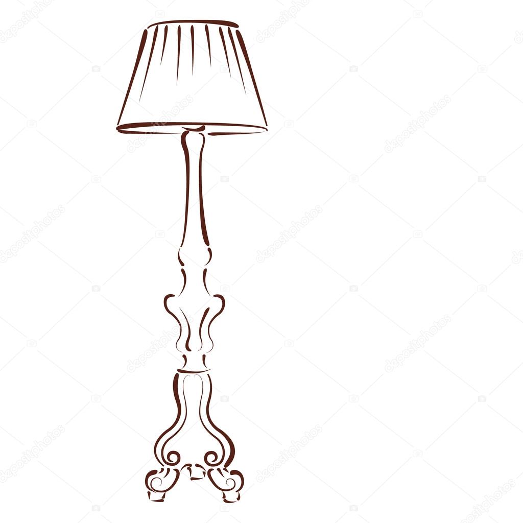 Sketched floor lamp isolated on white background. Design template for label, banner or postcard.