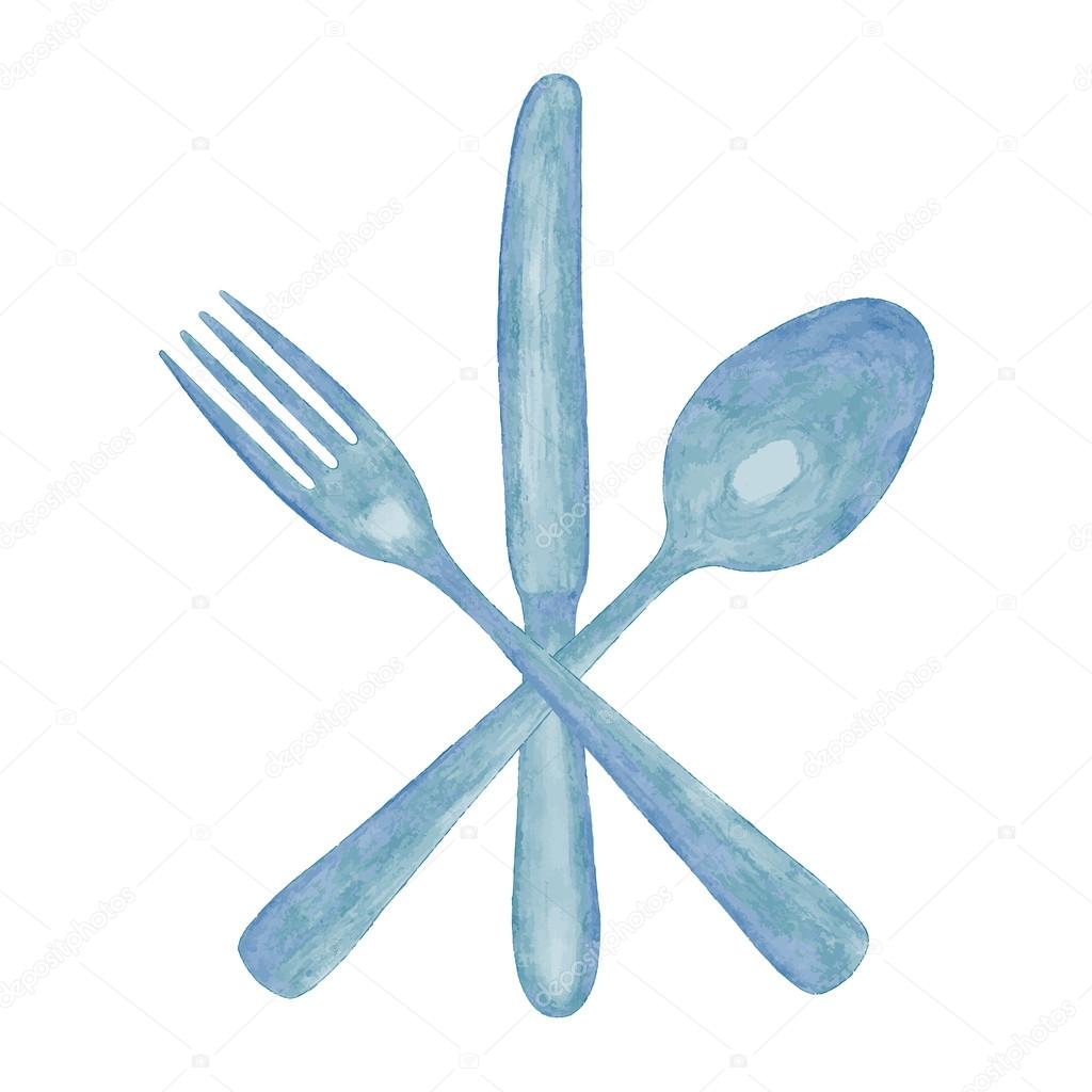Watercolor spoon, knife and fork.
