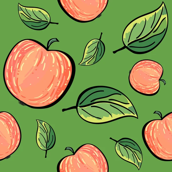 Manzanas rojas y hojas de manzana sobre fondo verde . — Vector de stock