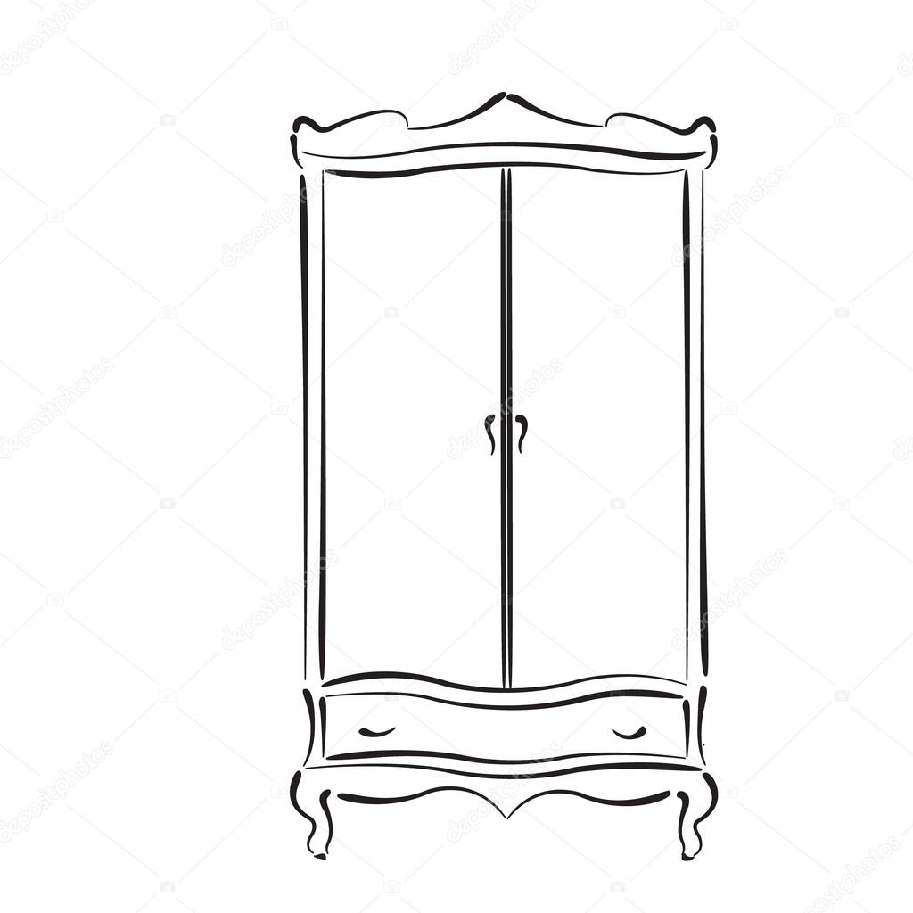 Sketched vintage wardrobe isolated on white