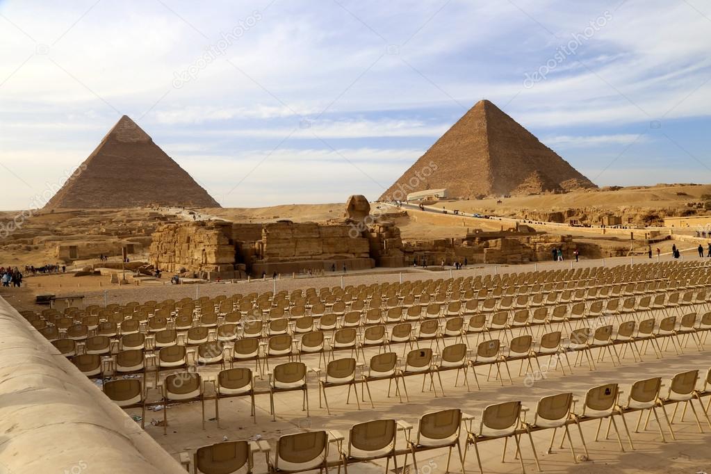 Outdoor concert's area a front of Great Sphinx and pyramids of Giza, Egypt