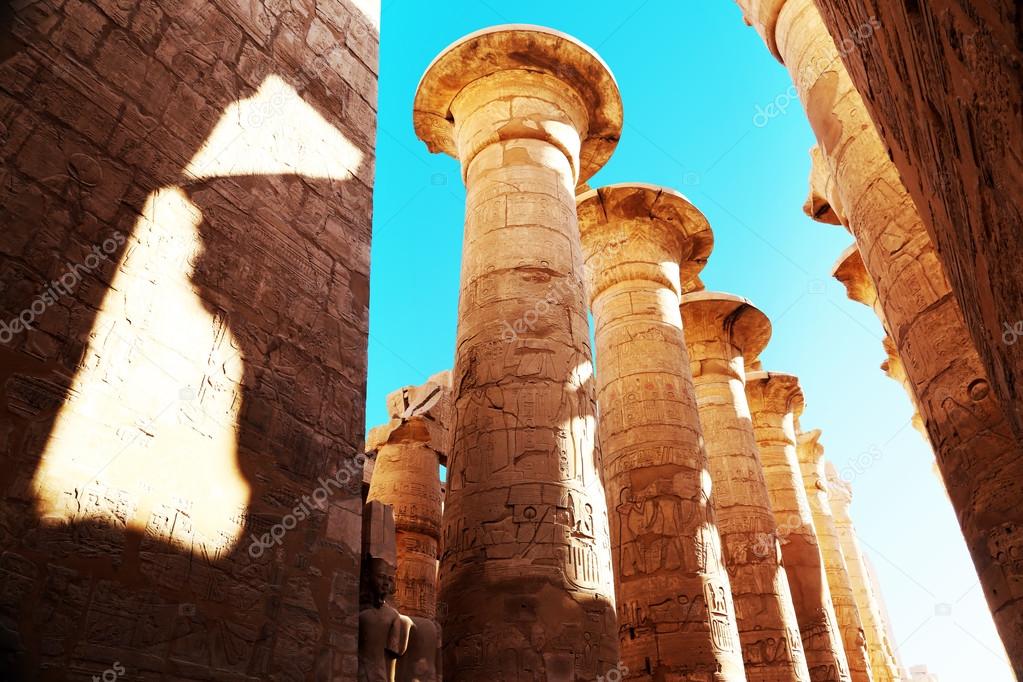 Pillars of the Karnak temple with ancient egypt symbols, Luxor, Egypt