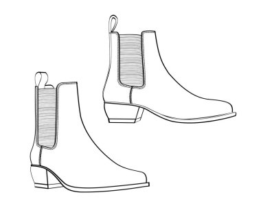 Ayakkabı taslağı, beyaz arka planda elastik detaylarla çizilmiş botlar. Vektör illüstrasyonu