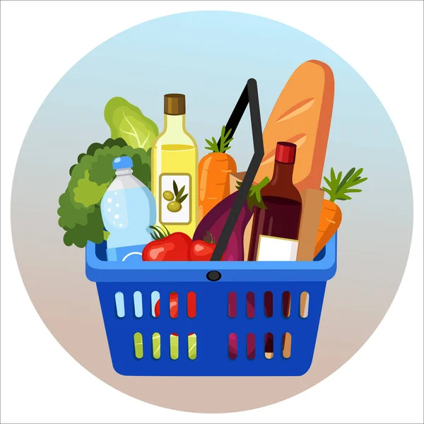 Grocery Purchase Set Supermarket Shopping Baskets Foods Vector Illustration — Stock Vector