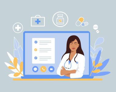 Çevrimiçi doktor. Sanal ilaç. Dizüstü bilgisayarda sağlık danışmanlığı, teşhis. Düz Vektör İllüstrasyonu.
