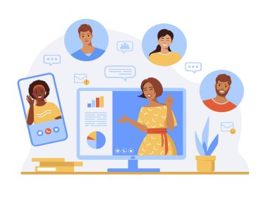 Webinar, çevrimiçi iletişim. Çevrimiçi video konferans toplantısı. Çalışan bir grup insan internetten, online eğitimden bahsediyor. Evde güvende kal, karantina konsepti. Düz Vektör illüstrasyonu.