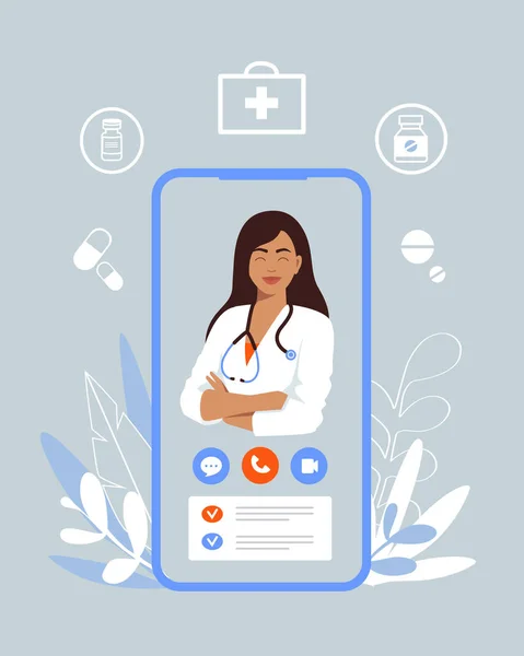Çevrimiçi doktor. Sanal ilaç. Doktor çağırmak için cep telefonu kullanıyor. Doktora sor. Sağlık danışmanlığı, teşhis. Vektör illüstrasyonu